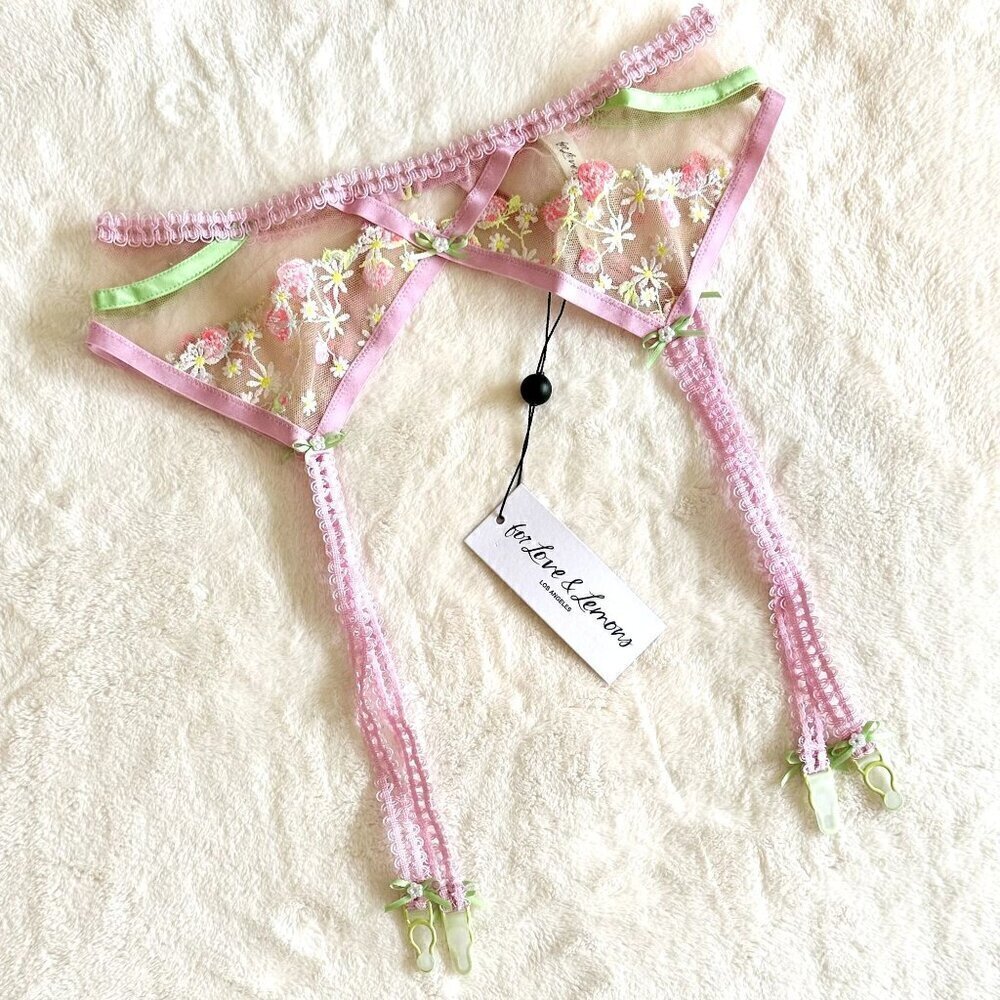 NWT For Love & Lemons Tutti Frutti Shimmer Pink Floral Garter Belt - Small - Picture 2 of 6